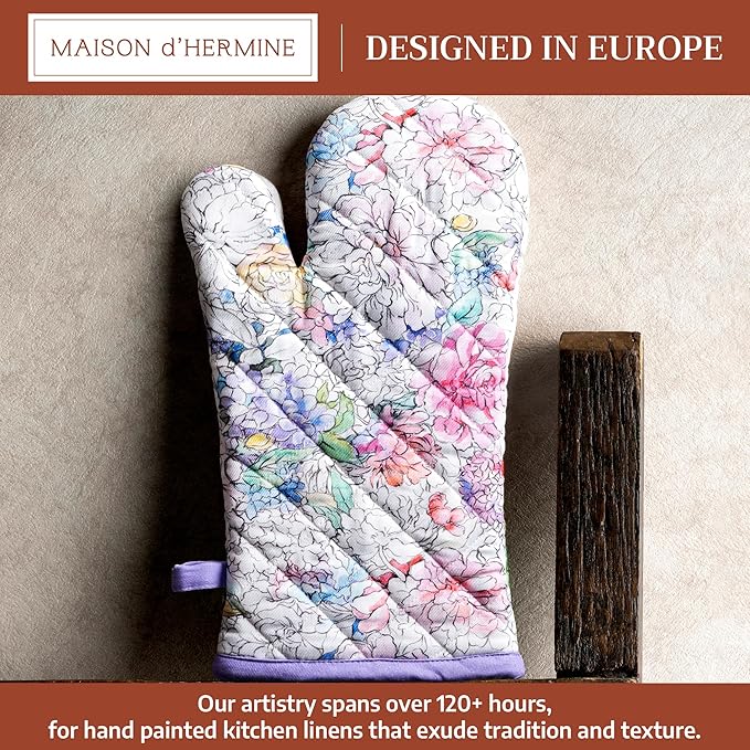 Maison d'Hermine Oven Gloves 100% Cotton Oven Mitt 7" x 13" with Loop Heat Resistant BBQ Cooking Gloves Baking Grilling Kitchen Hotel Home Farmhouse Spring Summer (Pack of 1, Floral Love)