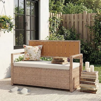 Outdoor Storage Bench with Cushion, Hand-Woven Yellow Wicker Deck Box with Backrest, Large Capacity Patio Storage Seat, Waterproof All-Weather Rattan Bench for Garden, Porch, Poolside