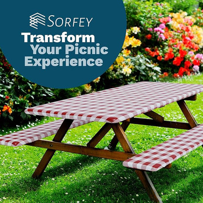 Picnic Table Cover with Bench Covers -Fitted with Elastic, Vinyl with Flannel Back, Fits for Table 30"x 60" Rectangle,Water Proof, Solid Blue Design