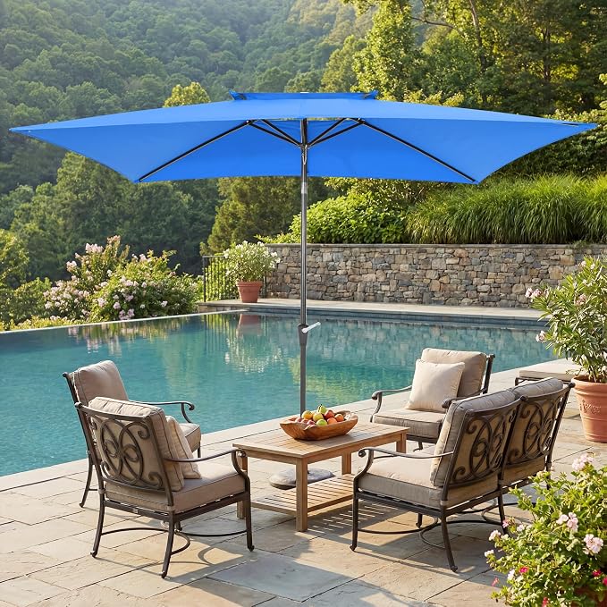 6.6 x 10 ft Rectangular Patio Umbrella, Outdoor Market Table Umbrella with Push Button Tilt and Crank, Double-Tier Vent, 6 Ribs, Rectangle Patio Umbrella for Backyard, Deck, Pool, Fits 4–6 Chairs and Tables (Blue)