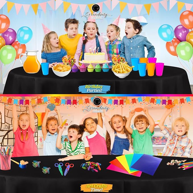 Grandipity 12 Pack Premium Disposable Plastic Tablecloth 84" Inch Decorative Round Table Cover - Black