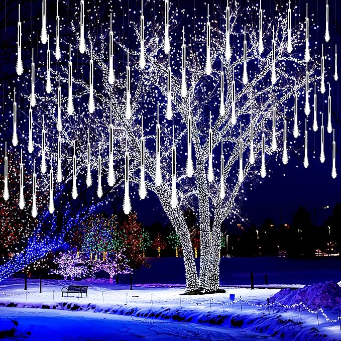 Outdoor Christmas Decorations, Waterproof 16Tube Meteor Shower Lights White | Equivalent to 2 Sets of 8-Tubes, Christmas Lights Outdoor for Xmas Holiday Wedding Yard Decor, UL Plug