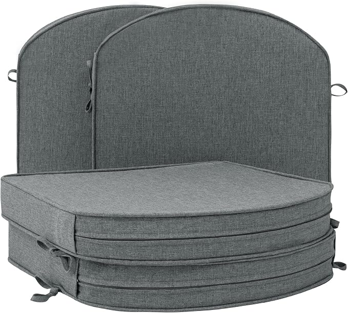 Outdoor Chair Cushions D Shaped, Set of 4, 17 x 16 Inch, Dark Grey | Water Resistant, Fade Resistant, Patio Furniture Seat Chair Pads Replacement with Ties, Non-Slip Bottom, Removable Cover