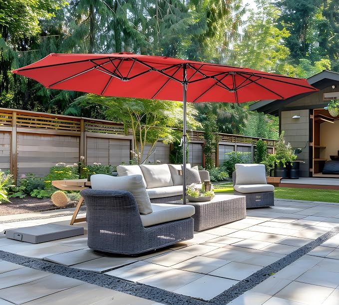 15ft Patio Umbrella with Base, 10-Year-No-Fade Large Outdoor Double-Sided Market Umbrella with UPF50+Terylene Polyester Fabric and Crank for Poolside Garden Deck Backyard Beach Pools