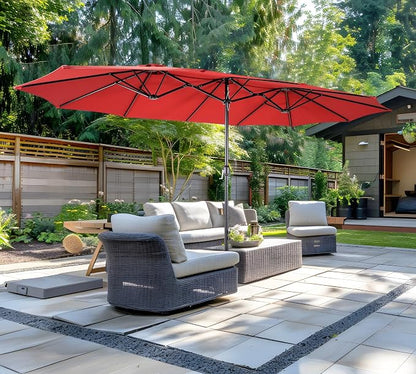 15ft Patio Umbrella with Base, 10-Year-No-Fade Large Outdoor Double-Sided Market Umbrella with UPF50+Terylene Polyester Fabric and Crank for Poolside Garden Deck Backyard Beach Pools