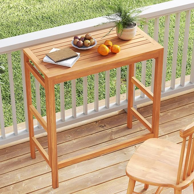Tangkula Acacia Wood Outdoor Folding Bar Table, Patio Rectangle Counter Height Pub Table with Slatted Tabletop, for Balcony, Backyard Garden and Poolside
