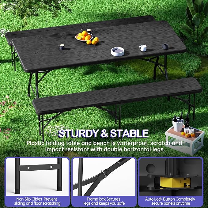 VSOAEIL 6 Foot Folding Picnic Table Set with 2 Benches, HDPE Tree Pattern Top, 3-Piece Portable Indoor Outdoor Furniture with Safety Locks & Handle for Party Camping, Black