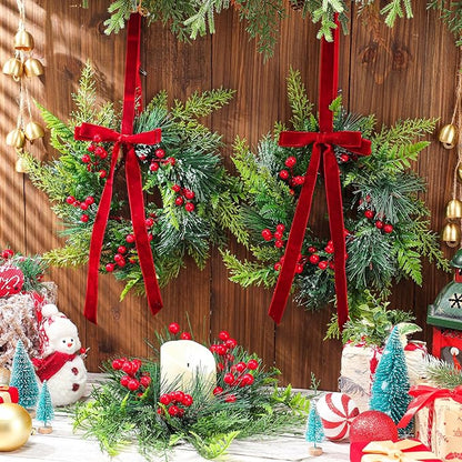 Suncalla 6 Pcs 11 Inch Mini Christmas Cabinet Wreath for Kitchen Christmas Berry Hanging Cabinet Wreath Decor with Red Bow Artificial Pine Candle Ring for Xmas Door Fireplaces Table Centerpiece