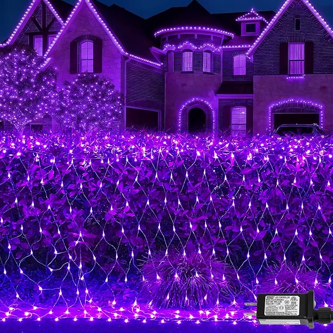 QITONG Purple Net Lights Outdoor Mesh Lights, 360 LED 12ft x 5ft Christmas Net Light with 8 Modes, Clear Wire Bush Light Plug in