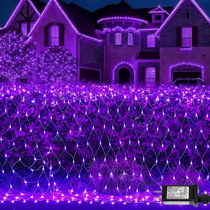 QITONG Purple Net Lights Outdoor Mesh Lights, 360 LED 12ft x 5ft Christmas Net Light with 8 Modes, Clear Wire Bush Light Plug in