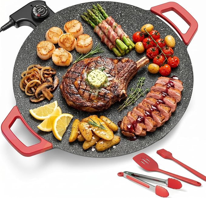 Electric Indoor Grill Nonstick, 14” Round Electric Griddle with Adjustable Temperature Control,for Pan Searing Steaks, Breakfast, BBQ & Family Meals, Bonus Spatula,Oil Brush & Food Tongs