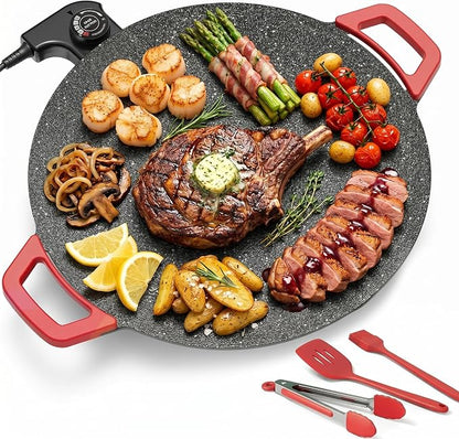 Electric Indoor Grill Nonstick, 14” Round Electric Griddle with Adjustable Temperature Control,for Pan Searing Steaks, Breakfast, BBQ & Family Meals, Bonus Spatula,Oil Brush & Food Tongs