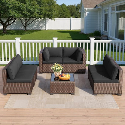 Qsun 7 Pieces Outdoor Patio Furniture Set, All-Weather PE Rattan Outdoor Patio sectional Furniture with Cushions and Glass Table, for Garden, Backyard, Porch, Black