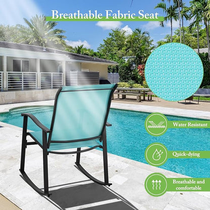 Shintenchi 3 Piece Rocking Bistro Set, Outdoor Furniture with Rocker Chairs and Glass Coffee Table Set of 3, Balcony, Porch Furniture for Small Space, Blue