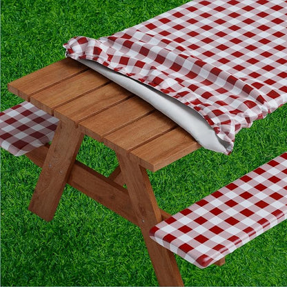 Picnic Table Cover with Bench Covers -Fitted with Elastic, Vinyl with Flannel Back, Fits for Table 30"x 72" Rectangle,Water Proof, Checked Burgundy Design
