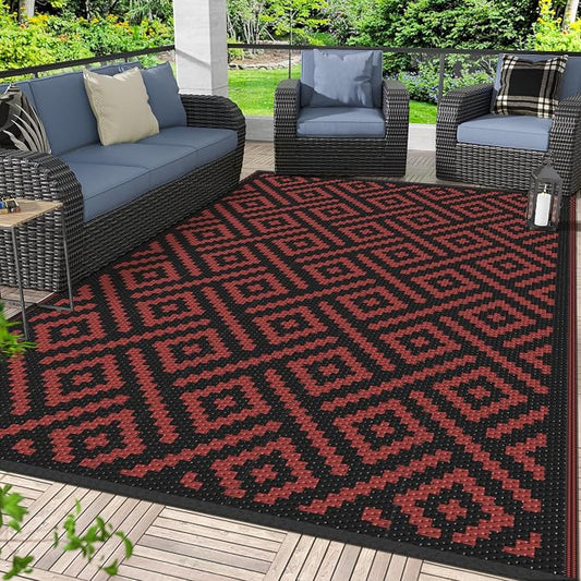 GENIMO Outdoor Rug, Waterproof Plastic Rugs for Patio, 6'x9' Red Grey | Outside Larger Modern Carpet Mat for Porch Decor, Deck, Balcony, Camping, RV, Backyard, Picnic, Beach, Reversible, Foldable