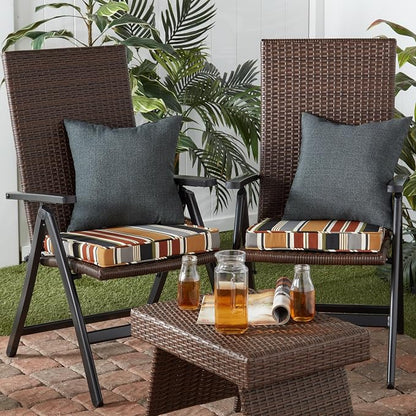 Outdoor 18 inch Square Patio Dining Chair Pads – Comfortable Fiber-Filled Seat Cushions with Ties, Reversible Polyester Fabric - Brick Stripe, Set of 2
