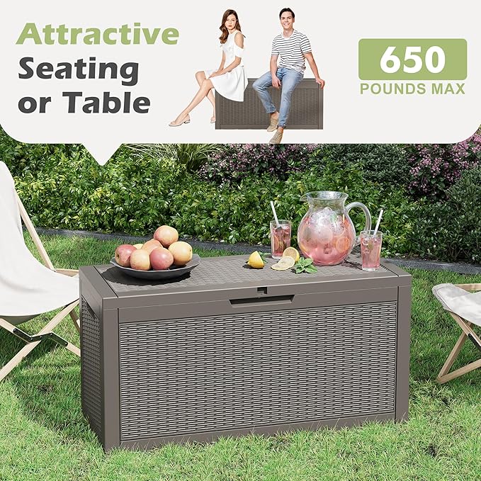 72 Gallon Outdoor Storage Box, Resin Deck Boxes Outdoor Waterproof For Patio Furniture, Garden Tools, Pool Supplies, Lockable And UV Resistant (Rattan Gray)