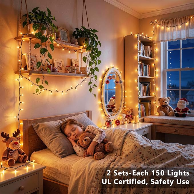 BrizLabs Gold Christmas Lights 300 Count 69.6ft Incandescent String Lights | Connectable; Warm Glow Light String; UL Certified; Xmas Mini String Light Green Wire for Indoor Outdoor Tree Holiday Party