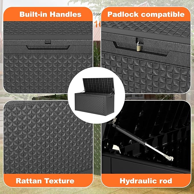 110 Gallon Outdoor Storage Box Waterproof, Resin Lockable Deck Box with Lid, Large Capacity Weatherproof Container for Patio Furniture, Side Table and Cushions(Black, 110 Gallon)