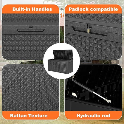 PatioZen 121 Gallon Large Deck Box,Resin Outdoor Storage Box with Lockable for Patio Furniture, Pool Accessories, Garden Tools Waterproof Outside Storage Box, Black