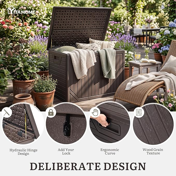 YITAHOME XXL 230 Gallon Extra Large Outdoor Deck Box, Lockable Resin Double-Wall Storage Box and Waterproof Patio Furniture Bin for Garden Tools & Pool Accessories, Brown
