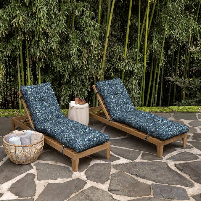 Arden Outdoor Tufted Chaise Cushion, earthFIBER, 22x76, Blue Paisley | Plush Comfort, Modern Tuft, Lounge Cushion, Rain-Proof, Fade Resistant, Cushion for Chaise Lounger, Mold and Mildew Resistant