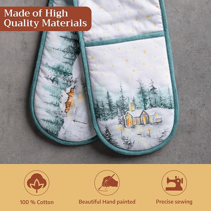 Maison d' Hermine Double Oven Mitts 100% Cotton Double Oven Glove (7"x35") | Heat Resistant BBQ Cooking Gloves with Loop Baking Kitchen Home Hotel Farmhouse Thanksgiving Christmas - Neige de Noel