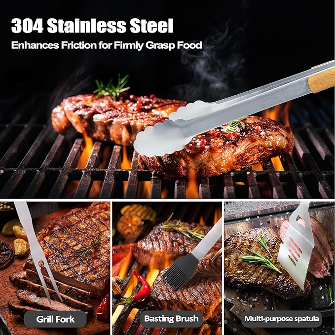 Grilling Accessories, Fathers Day Grilling Gifts for Men, Birthday Gift for Dad, Heavy Duty Wooden BBQ Grill Kit, Thick Stainless Steel Grill Utensils with Non-Slip Handle Tools in Portable Bag