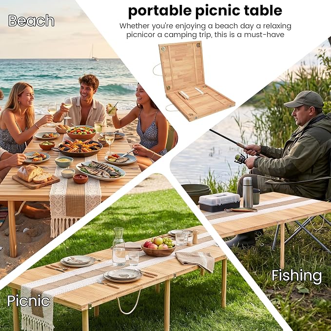 90" x 30" Boho Low Picnic Table, Foldable Solid Wood Construction | Beach Table with Tablecloth & Adjustable Legs, Indoor & Outdoor Use for Beach, Camping, BBQ, Wedding & Warm Family Gatherings
