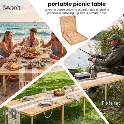 90" x 30" Boho Low Picnic Table, Foldable Solid Wood Construction | Beach Table with Tablecloth & Adjustable Legs, Indoor & Outdoor Use for Beach, Camping, BBQ, Wedding & Warm Family Gatherings