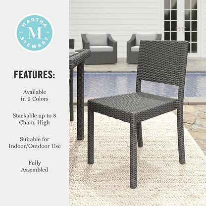 Martha Stewart Bedford Indoor-Outdoor Stackable Patio Chairs with Rattan Wicker Finish in Gray, Set of 2