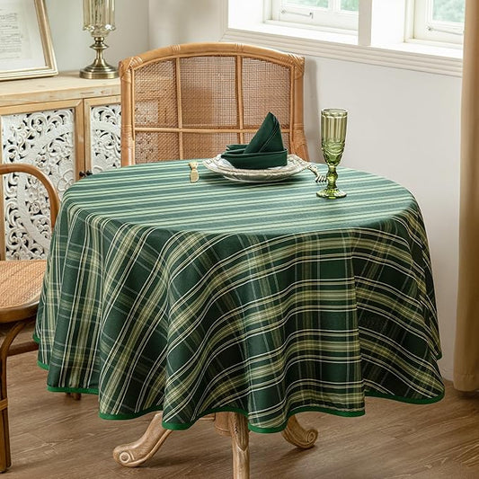 Christmas Green Plaid Waterproof Tablecloth – Classic Woven Check Design – Holiday Dining Table Cover for Xmas Parties, Stain-Resistant & Durable, 60" Round