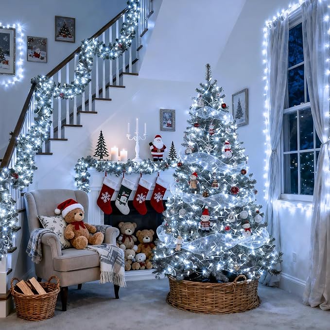 JMEXSUSS 66ft 200 LED White Christmas Lights Indoor Outdoor Plug in | Connectable String Twinkle Lights Outdoor Clear Wire Plug in for Bedroom Classroom House Fireplace Christmas Tree Decoration