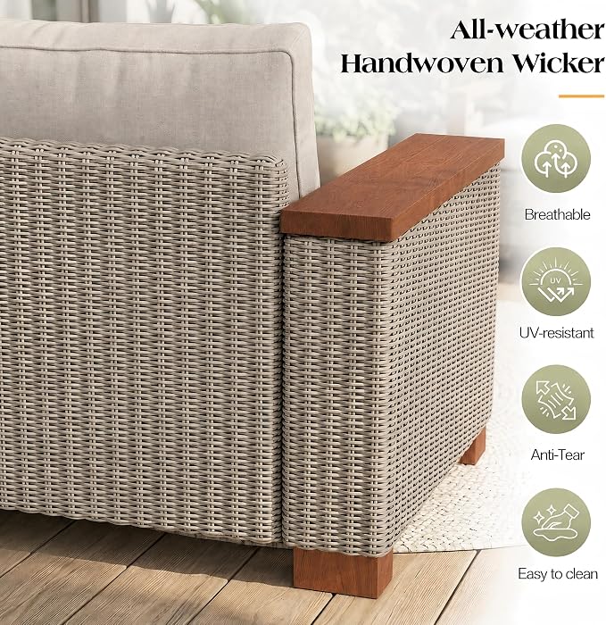 PaPaJet Outdoor Patio Sofa, 3 Seat Wicker Couch with Solid Armrests & Legs, 4.7" Thickened Removable Cushions, UV-Resistant Modular Sofa for Porch, Backyard, Garden