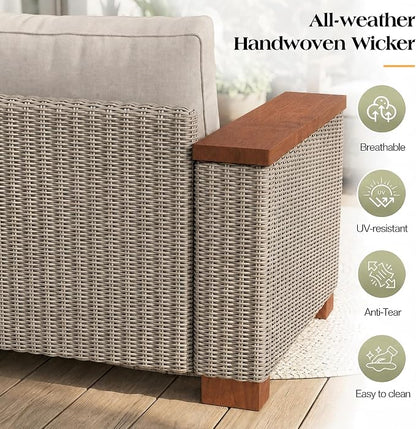 PaPaJet Outdoor Patio Sofa, 3 Seat Wicker Couch with Solid Armrests & Legs, 4.7" Thickened Removable Cushions, UV-Resistant Modular Sofa for Porch, Backyard, Garden