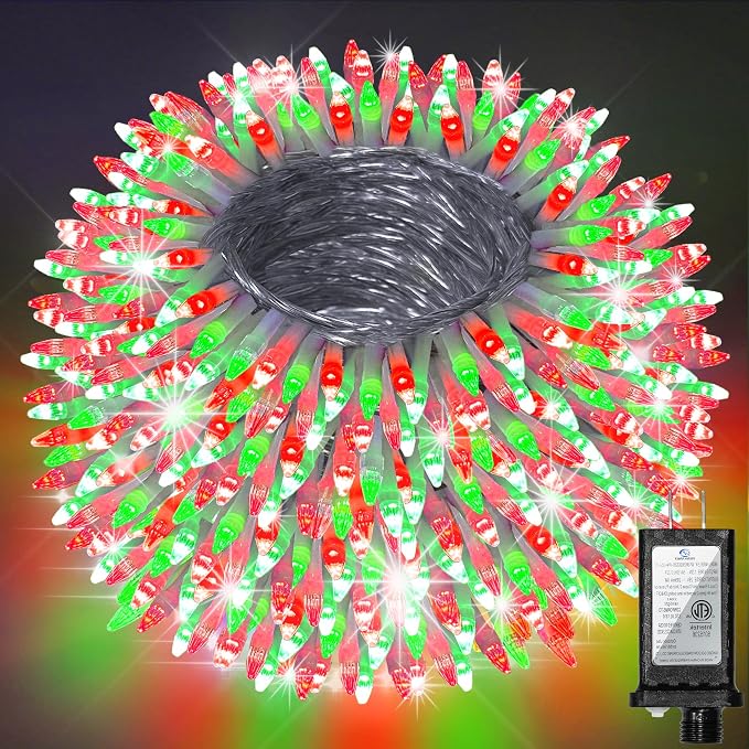 Christmas Tree String Lights 75FT 300 LED Red & Green | Dimmable, 12 Light Styles, Memory Timer, Waterproof, 29V Safe Low Voltage, Diamond-Faceted LED, Energy Efficiency