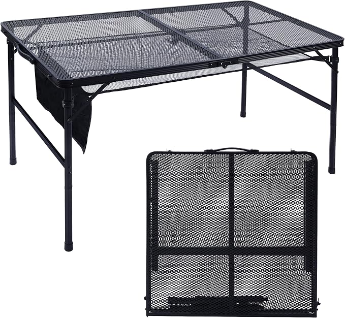 JOUYEK Folding Grill Table, 4x2 FT Portable Camping Height Adjustable Table | Lightweight Height Adjustable Metal Tables with Mesh Desktop and Mesh Bag, Outdoor Tables for Camping, Picnic, Beach and BBQ