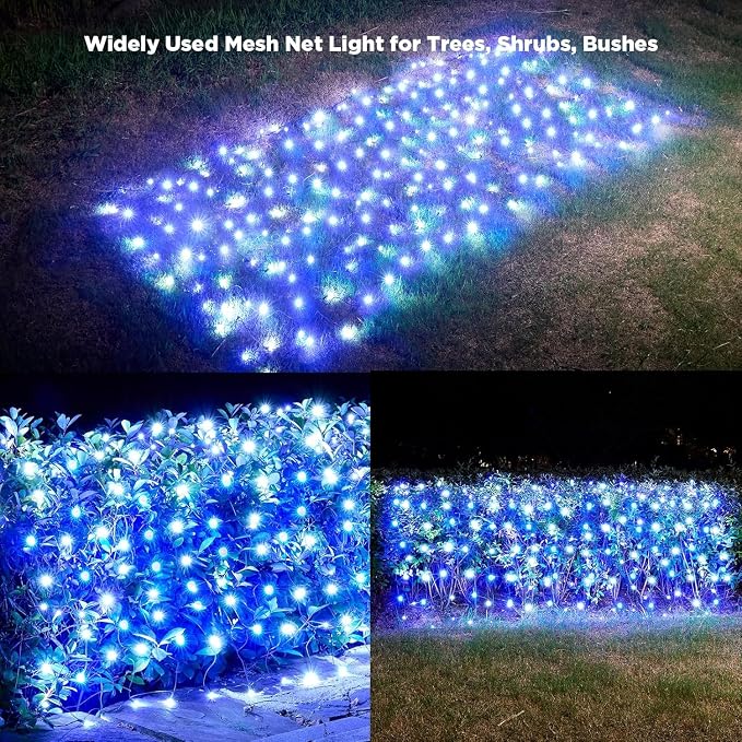Led Christmas Net Lights Outdoor Christmas Bushes Lights 120Led 6ftx5ft, Connectable Outdoor Indoor Mesh Net Lighting for Xmas Holiday, Garden, Lawn, Shrubs, Trees, Bushes Decorations(White and Blue)