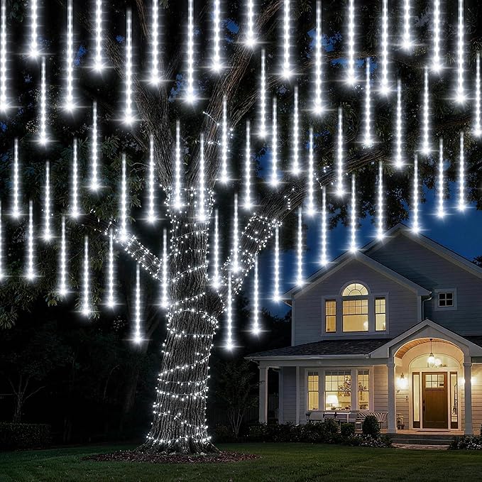 Solar Meteor Shower Lights, Solar Christmas Lights 16 Tubes 384 LEDs (Equivalent to 2 Sets of 8-Tube), Outdoor Waterproof Icicle String Light, LED Rain Drop Light for Tree Garden Decor (Cool White)