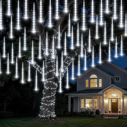 Solar Meteor Shower Lights, Solar Christmas Lights 16 Tubes 384 LEDs (Equivalent to 2 Sets of 8-Tube), Outdoor Waterproof Icicle String Light, LED Rain Drop Light for Tree Garden Decor (Cool White)