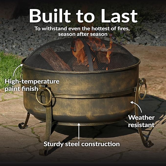 Sunnydaze 24-Inch Steel Small Fire Pit for Outside - Wood-Burning Fire Pit Bowl for Outdoors with Spark Screen, Log Poker, and Grate