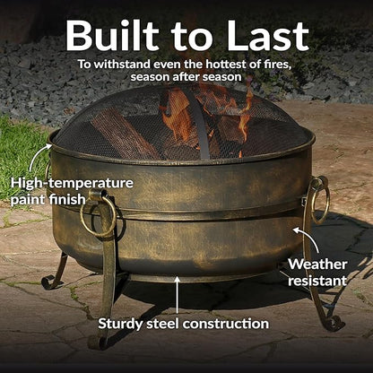 Sunnydaze 24-Inch Steel Small Fire Pit for Outside - Wood-Burning Fire Pit Bowl for Outdoors with Spark Screen, Log Poker, and Grate