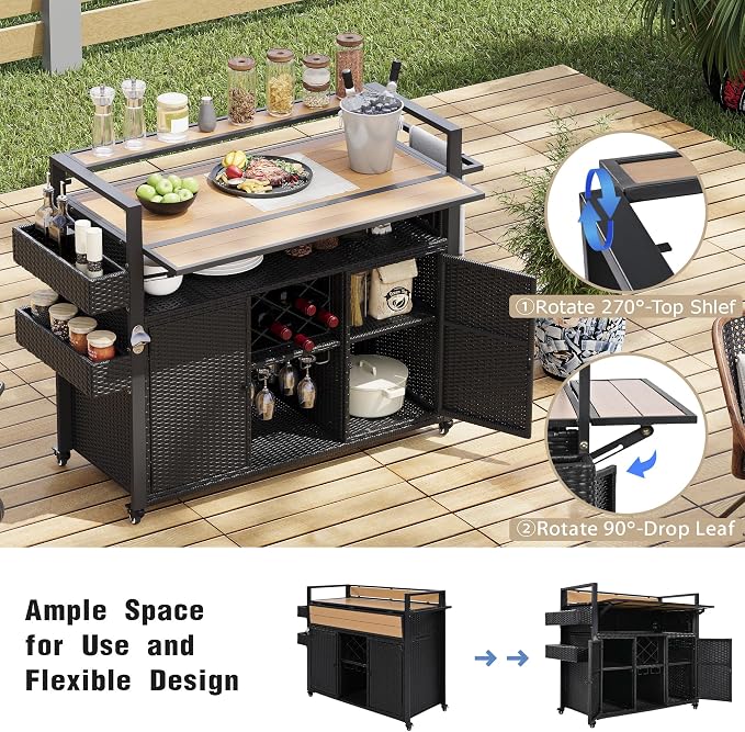 YOPTO Outdoor Grill Cart with Foldable Design,7-Tier Shelves,Lockable Wheels,Wine Rack & Weather-Resistant Wicker Rattan for Indoor/Outdoor Use,Black Brown