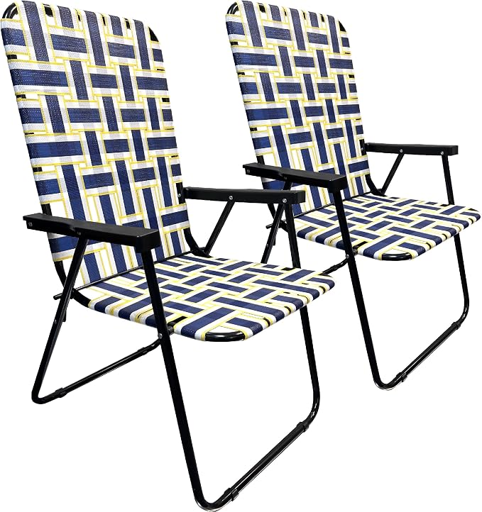 Lawn Chair Folding Steel Webbing Chaise Patio Lounger Seat Wood Handles Great for Camping, Beach, Fishing, Backyard, Stadium, Pool, Boating, and Sports 2 Pack Blue/Yellow