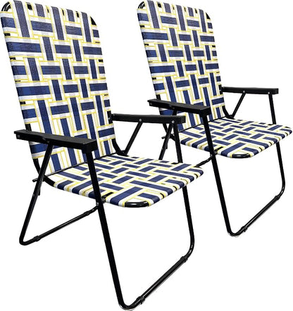 Lawn Chair Folding Steel Webbing Chaise Patio Lounger Seat Wood Handles Great for Camping, Beach, Fishing, Backyard, Stadium, Pool, Boating, and Sports 2 Pack Blue/Yellow