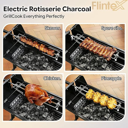 Flintex 2 in 1 Portable Porcelain Enameled Charcoal Grill with Rotisserie, Motorized Electric Spit, Foldable BBQ Grill, 262 sq.in, Height Adjustable for Camping Tailgating