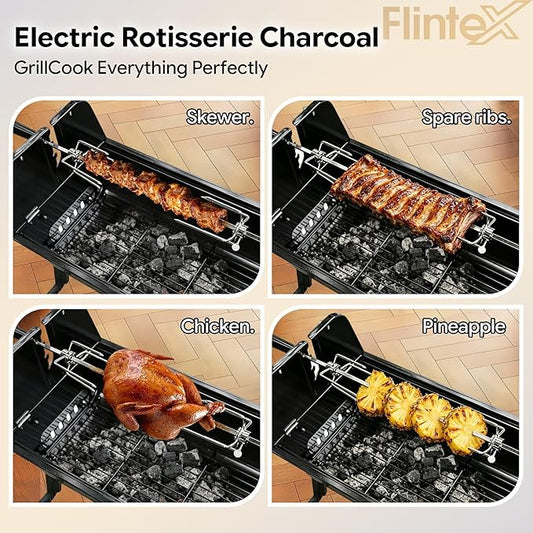 Flintex 2 in 1 Portable Porcelain Enameled Charcoal Grill with Rotisserie, Motorized Electric Spit, Foldable BBQ Grill, 262 sq.in, Height Adjustable for Camping Tailgating