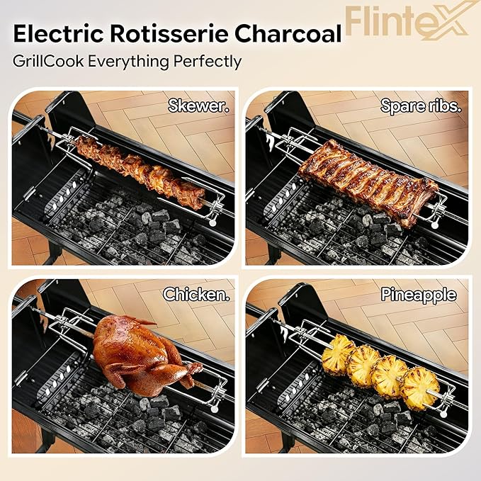 Flintex Portable Charcoal Grill with Electric Rotisserie & Waterproof Carry Bag, Folding Outdoor BBQ Grill for Camping, Backyard, Tailgating & Patio