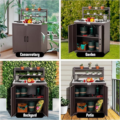 Feasto Outdoor Potting Bench Table with Storage Cabinet, Stainless Steel Garden Workstation, Raised-Edge Top, Adjustable Shelf & Removable Hutch for Patio, Balcony & Outdoor Workspace, Brown